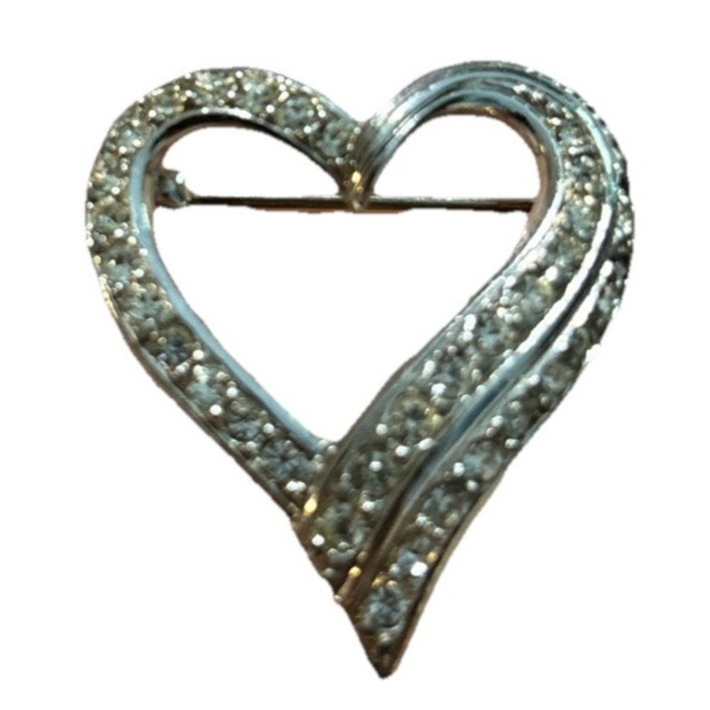 Vintage Silver Tone Open Heart Brooch With Rhinestones 1"